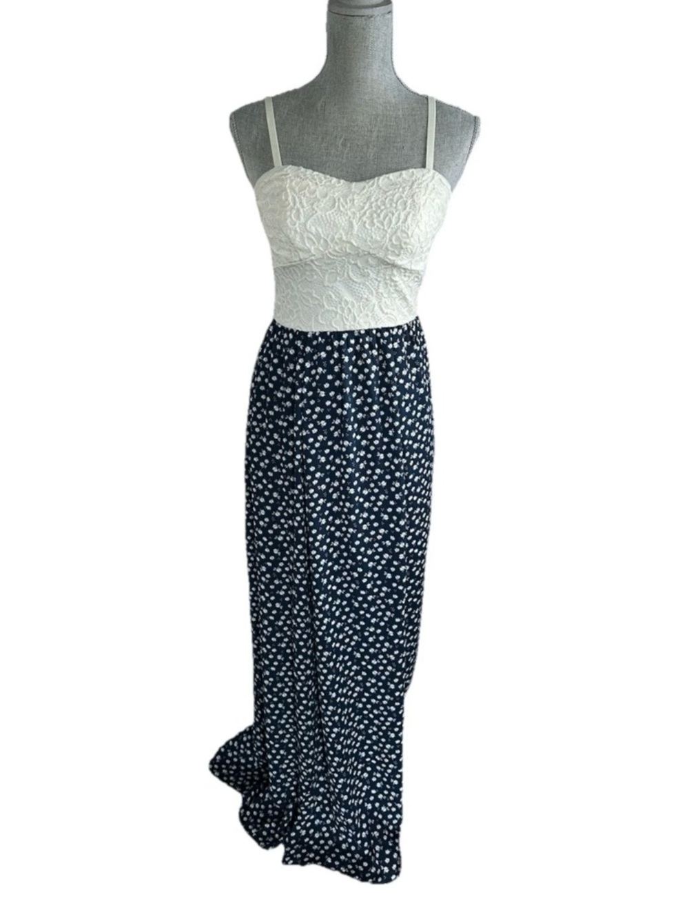 White Lace Bust Navy Floral Maxi Dress